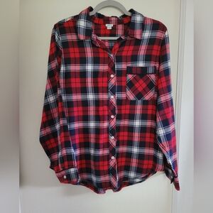 Aerie Red Navy Blue Preppy Plaid Casual  Fall Flannel Button Down Shirt Medium